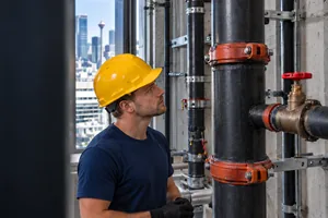 Técnico inspecionando prumada