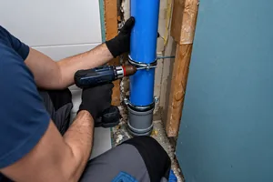 Técnico consertando prumada predial