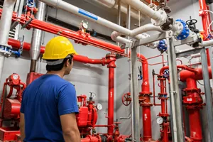 Técnico inspecionando prumada