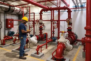 Técnico inspecionando prumada predial